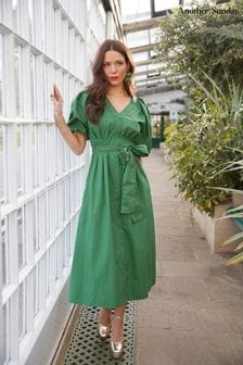 Another Sunday Puff Sleeve Midi Dress With Tie Waist In Green (N05543) | 395 SAR