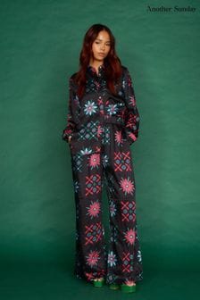 Another Sunday Satin Wide Leg Printed Trouser With Elasticated Waist In Print (N05546) | $92