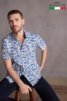 White/Blue Floral Regular Fit Short Sleeve Signature Made In Italy Texta Print Short Sleeve Shirt (N05622) | ₪ 145