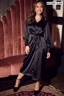 Myleene Klass Satin Wrap Black Dress (N05928) | $107