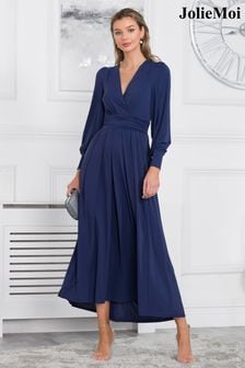 أزرق داكن أزرق - فستان ماكسي جيرسيه بكم طويل Rashelle من Jolie Moi (N06188) | 527 د.إ