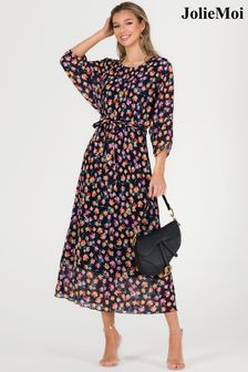 Jolie Moi Blue Chiffon Pleated Batwing Sleeve Maxi Dress (N06191) | €88
