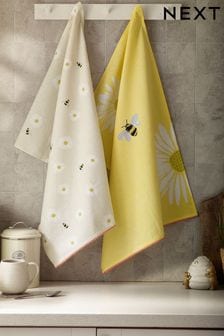 Yellow Bee And Daisy 100% Cotton Tea Towels Set of 2 (N06422) | $16