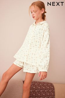 Kolor neutralny, kwiecisty wzór - Krótka piżama na guziki (6-16 lat) (N06652) | 105 zł - 133 zł