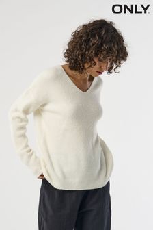 ONLY White V-Neck Puff Sleeve Knitted Jumper (N07173) | $51