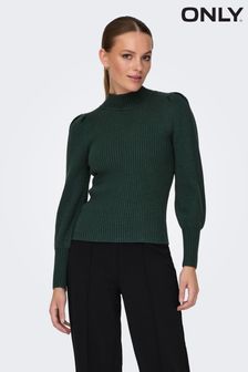 ONLY Green High Neck Puff Sleeve Knitted Jumper Top (N07174) | kr389