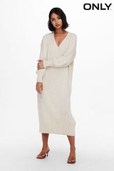 ONLY Cream V-Neck Midi Knitted Jumper Dress (N07178) | 49 €