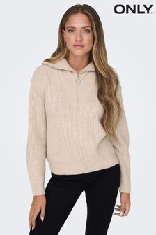 ONLY Cream Quarter Zip Knitted Jumper with Wool Blend (N07179) | AED233
