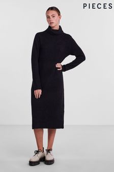 PIECES Black Roll Neck Knitted Midi Jumper Dress (N07300) | AED211