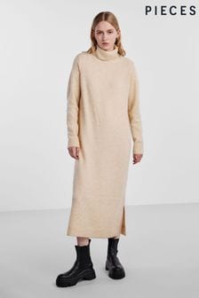 PIECES Cream Roll Neck Knitted Midi Jumper Dress (N07301) | $65