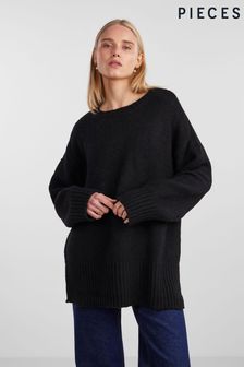 PIECES Black Oversized Round Neck Longline Jumper (N07307) | AED233