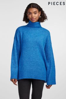 PIECES Blue Roll Neck Oversized Longline Knitted Jumper (N07311) | €60