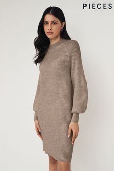 PIECES Brown High Neck Knitted Balloon Sleeve Jumper Dress (N07313) | AED233