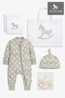 The Little Tailor Grey Easter Bunny Print Luxury 3 Piece Baby Gift Set; Sleepsuit, Hat and Rubber Teether Toy (N07440) | €45