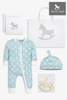 The Little Tailor Blue Easter Bunny Print Luxury 3 Piece Baby Gift Set; Sleepsuit, Hat and Rubber Teether Toy (N07441) | €45