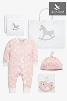 The Little Tailor Pink Easter Bunny Print Luxury 3 Piece Baby Gift Set; Sleepsuit, Hat and Rubber Teether Toy
