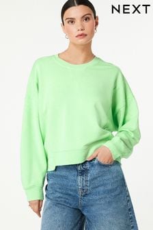 Apple Green Raw Hem Detail Washed Crew Neck Sweatshirt (N07635) | $42