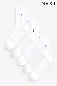 Bows White Embroidered Motif Ankle Socks 5 Pack (N07680) | $15