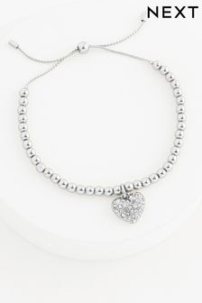 Silver Tone Sparkle Heart Beady Pully Bracelet (N07727) | SGD 18