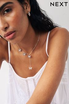 Silberfarben - Halskette in V-Design mit Schmetterlingsanhängern (N07763) | 15 €