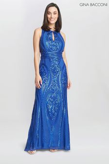 Gina Bacconi Blue Natalie Sequin Beaded Keyhole Maxi Dress (N09009) | €237