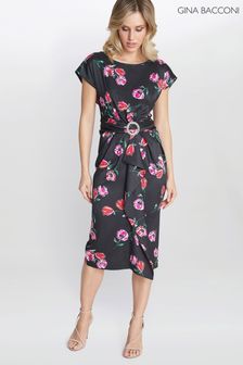 Gina Bacconi Saffron Floral Print Satin Black Dress With Buckle (N09012) | €102