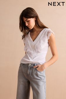 White Short Sleeve Crochet Trim Top (N09074) | $64