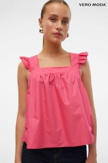 VERO MODA Pink Contrast Broderie Frill Square Neck Top (N09189) | $51