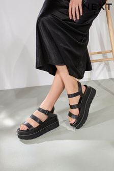 Black Forever Comfort® Leather Chunky Flatform Sandals (N09339) | €56