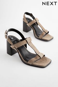 Taupe Forever Comfort® Leather T-Bar Block Heel Sandals (N09704) | LEI 291