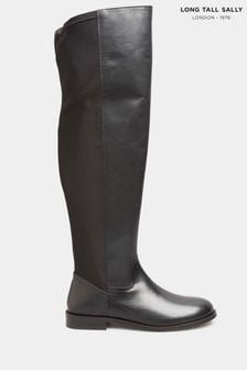 Long Tall Sally Black Stretch Over The Knee Leather Boots (N09963) | 733 SAR