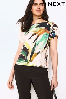 Regenbogen-Blatt-bedruckt - Strukturiertes, kastiges T-Shirt mit Raffung und kurzen Ärmeln (N10045) | 41 €