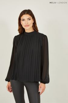 Mela Black Pleated Long Sleeve Top With High Neck (N10051) | $64