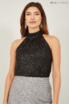 Mela Black Sequin Halter Neck Top (N10056) | LEI 209