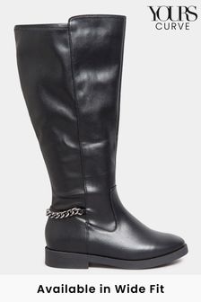 Yours Curve Wide Fit Chain Detail Stretch Knee PU Boots