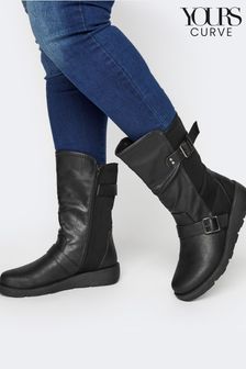 Yours Curve Black Extra Wide Fit Low Wedge Buckle Boots (N10350) | €28