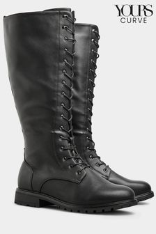 Yours Curve Black Wide Fit Faux Leather Lace-Up Knee High Boots (N10382) | €40