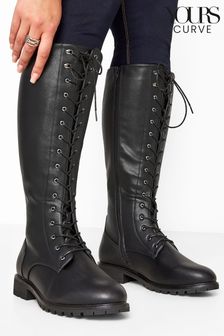 Yours Curve Black Extra Wide Fit Faux Leather Lace Up Knee High Boots (N10383) | 46 €