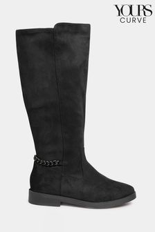 Yours Curve Black Wide Fit Suede Knee High Chain Detail Boots (N10523) | €34