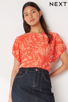 Orange Butterfly Print Gathered Short Sleeve Textured Boxy T-Shirt (N10640) | KRW42,700