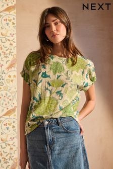 Morris & Co. Ecru and Green Cray Gathered Short Sleeve Textured Boxy T-Shirt (N10641) | 155 zł