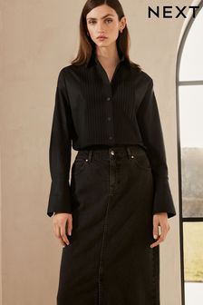 Black Premium Pleated Long Sleeve Shirt (N10644) | $114