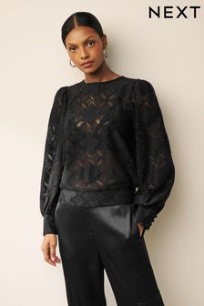 Black Lace Long Sleeve Blouse (N10835) | AED140