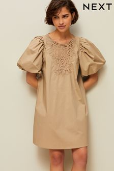 Beige 100% Cotton Poplin Puff Sleeve Crochet Insert Mini Dress (N11066) | Kč1,025