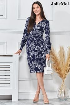 Jolie Moi Blue Long Sleeve Jersey Pegged Dress (N11071) | LEI 358
