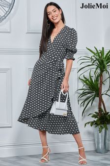Jolie Moi Peyton Wrap Puff Sleeve Midi Black Dress (N11074) | 53 €