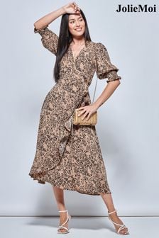 Jolie Moi Natural Animal Print Crepe Wrap Midi Dress (N11082) | 53 €