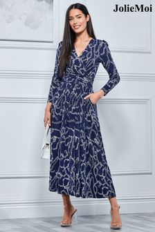 Jolie Moi Blue Chain Print Long Sleeve Maxi Dress (N11085) | €126