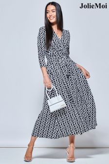 Jolie Moi Black Geometric Print Long Sleeve Maxi Dress (N11088) | €136
