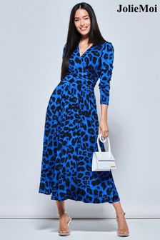 Jolie Moi Blue Animal Print Long Sleeve Maxi Dress (N11092) | OMR49